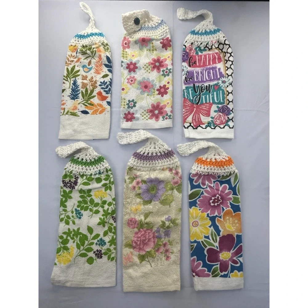Hanging Kitchen Towels Lot 6 Crochet Top Floral Birds Cotton Handmade Style